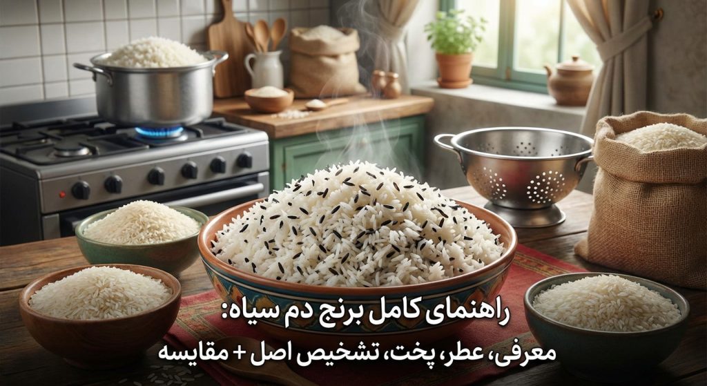 راهنمای کامل برنج دم سیاه: معرفی ویژگی ها، عطر و قدکشی، تفاوت با طارم و هاشمی، تشخیص برنج دم سیاه اصل از مخلوط، نکات خرید، نگهداری، بهترین روش پخت آبکش و کته + جدول مقایسه و پاسخ سوالات متداول