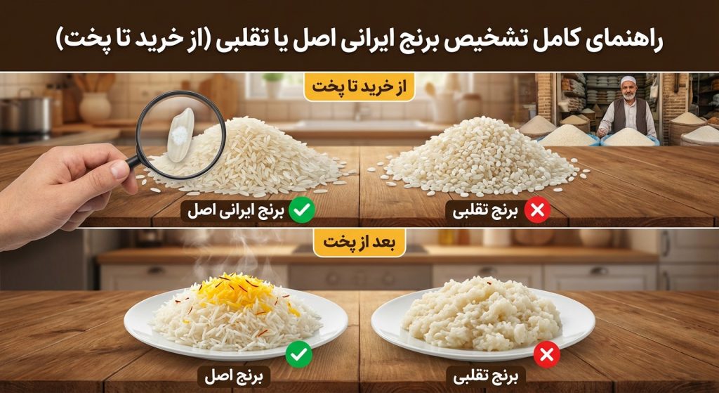 راهنمای کامل تشخیص برنج ایرانی اصل یا تقلبی (از خرید تا پخت)